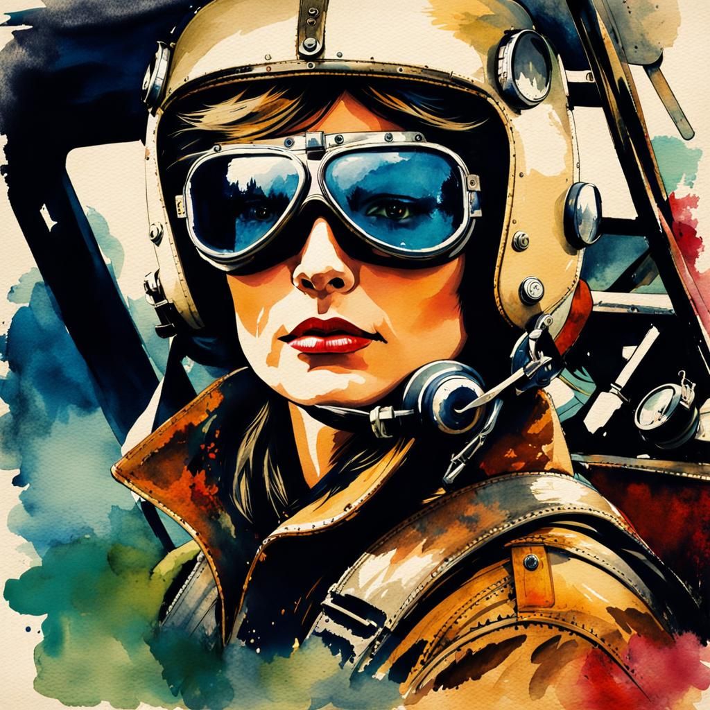 Female Pilot in Cessna: Vintage Impressionist Sketch