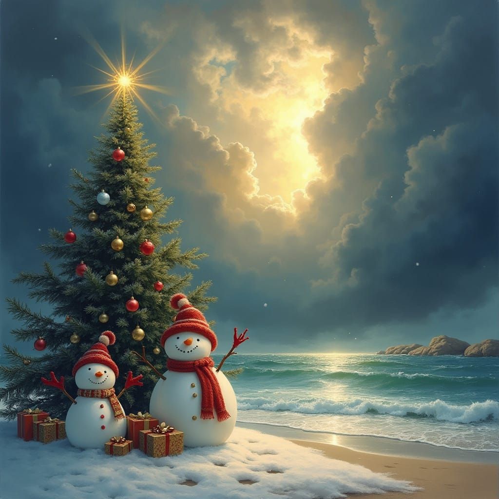 Serenely Golden Christmas Beach Scene Amidst Turbulent Storm...