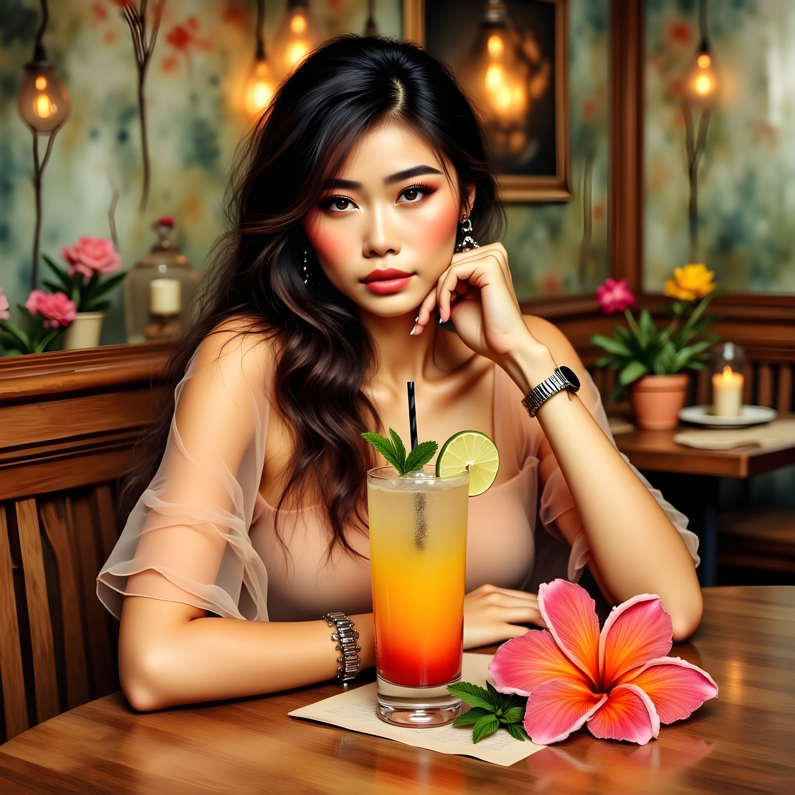 Elegant Woman Sips Cocktail in Cozy Dining Setting
