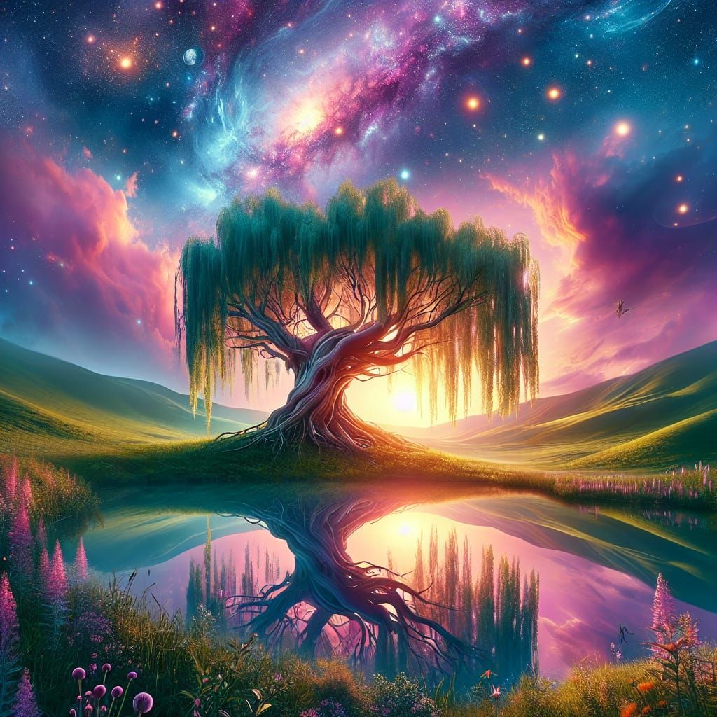 Cosmic Willow Tree at Dusk: A Tranquil Dreamscape