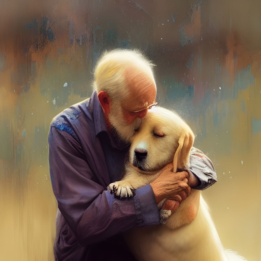 Melancholy Portrait of Man and Dog in Gouache