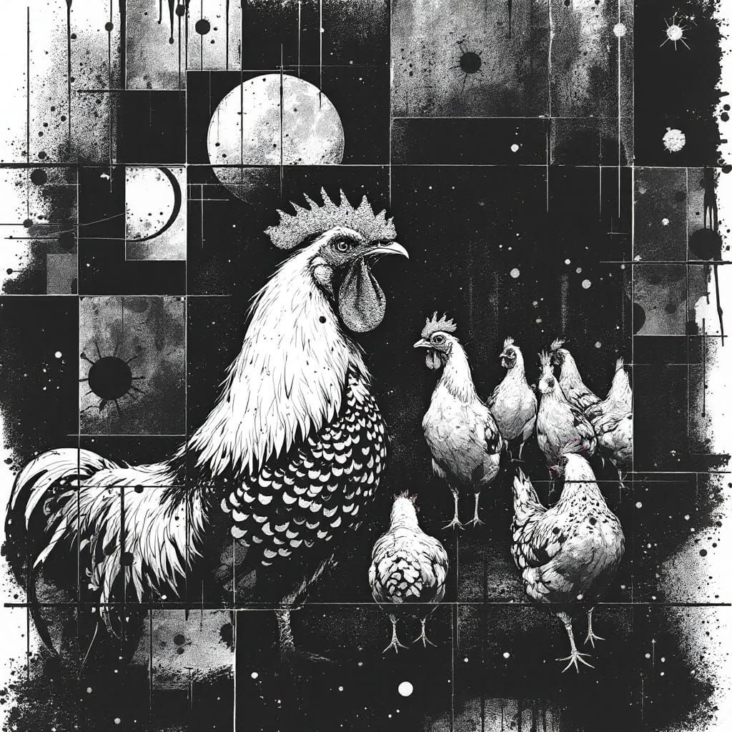 Stylized Rooster Portrait in Geometric Abstract Expressionis...