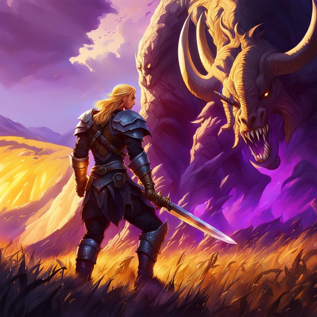 Warrior Fights Beast in Dark Fantasy Landscape