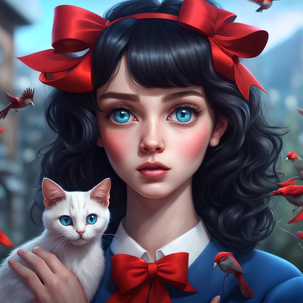 Cute Girl with Cat and Bird: Fantasy Concept Art