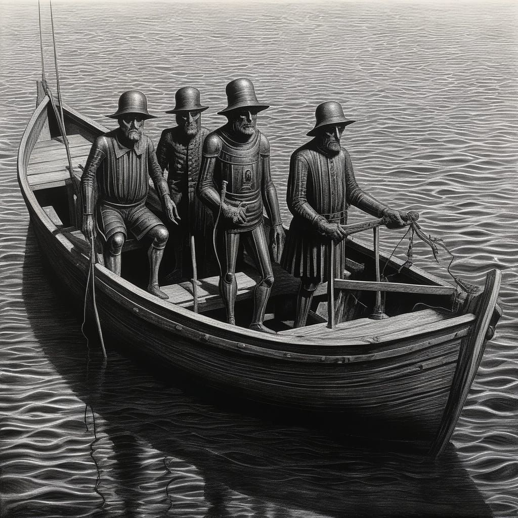 Surreal Fishermen at Sea in Alien Landscape