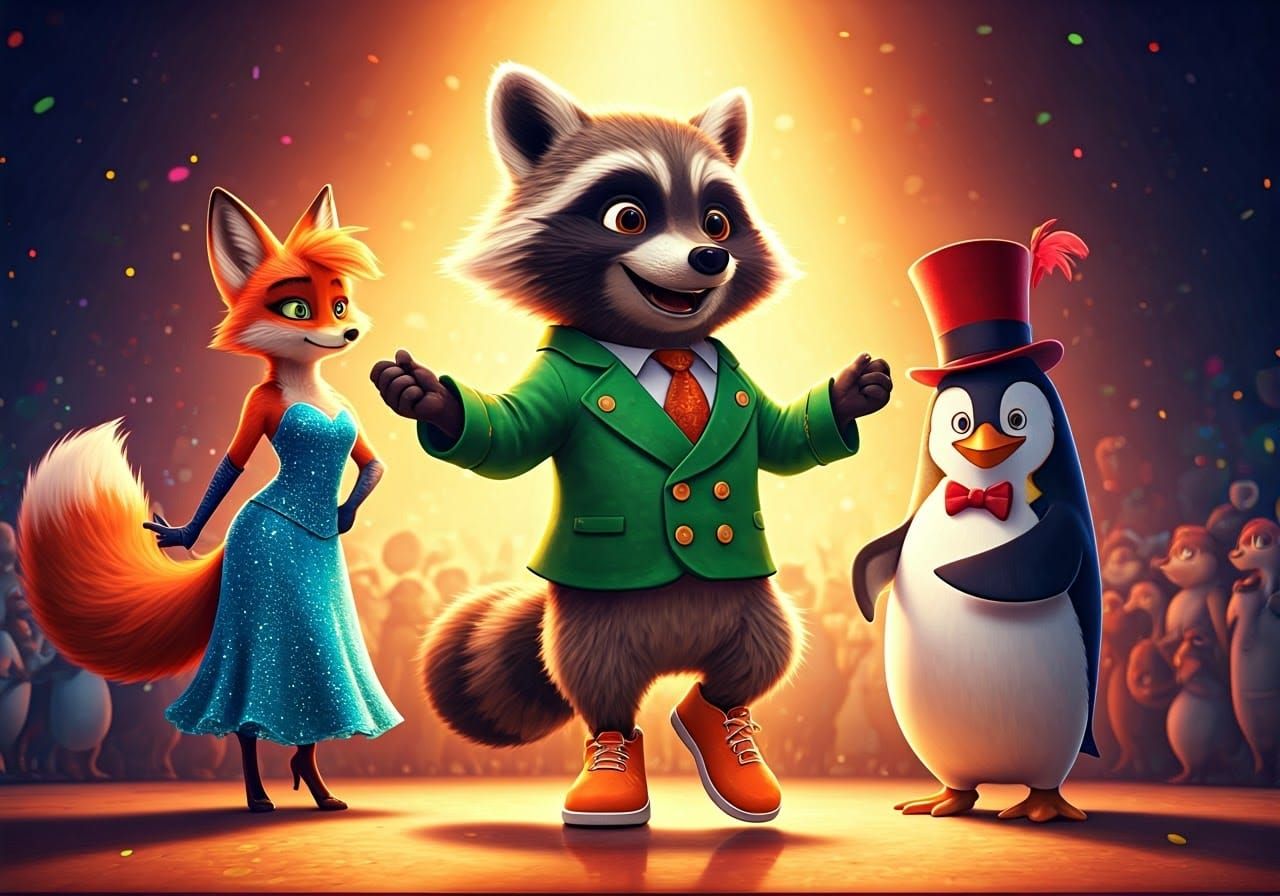 Vibrant Cartoon Animals Dance in a Kaleidoscopic Scene