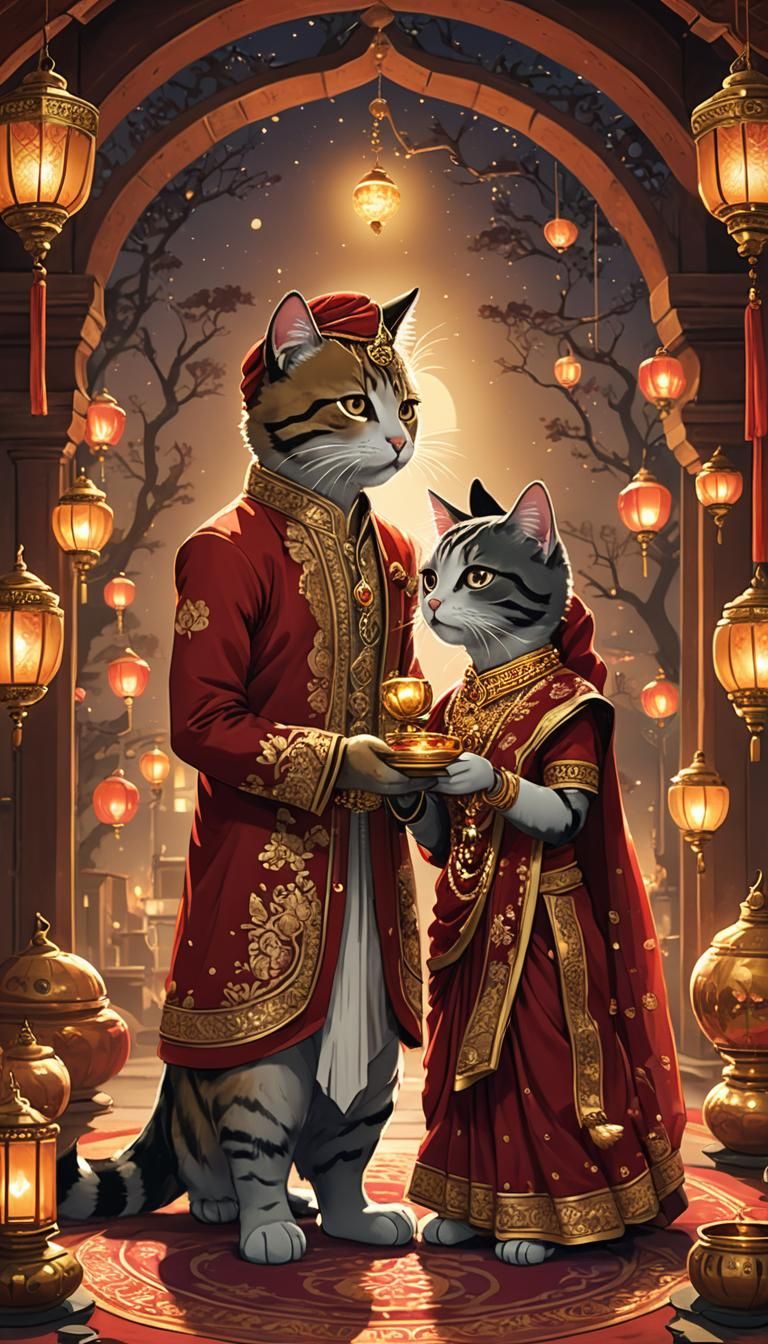 Cats Celebrate Karwa Chauth in Anime Style