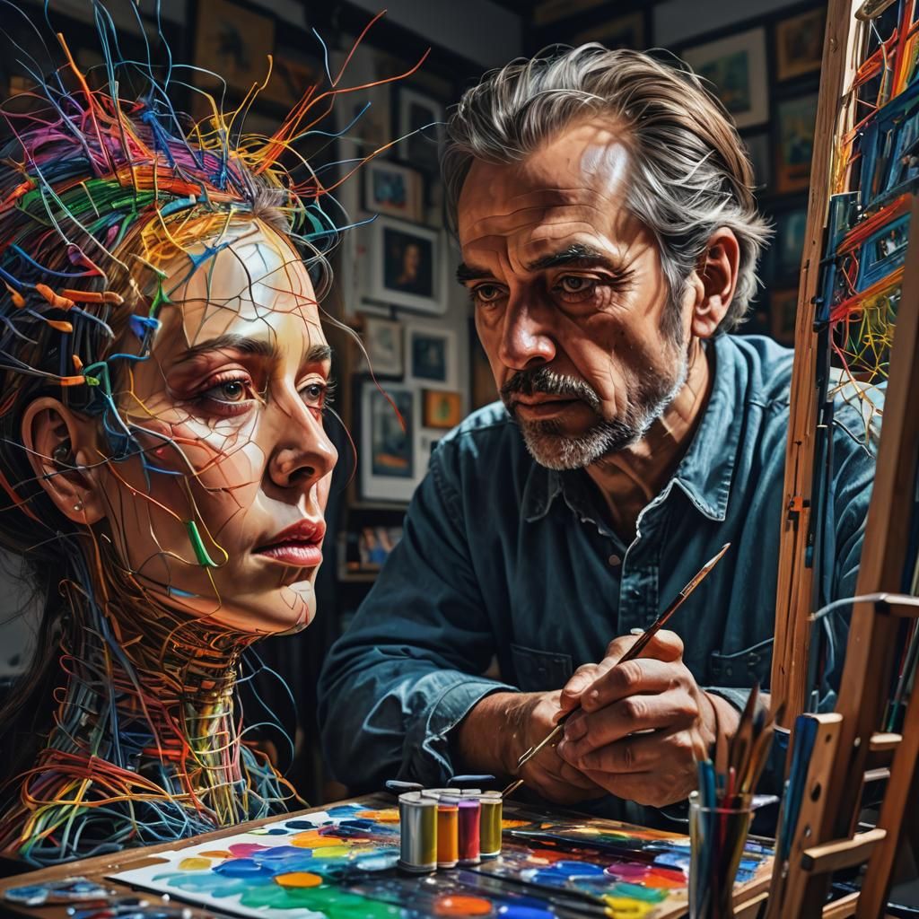 Hyperrealistic AI Artist Painting Self-Portrait with Wires