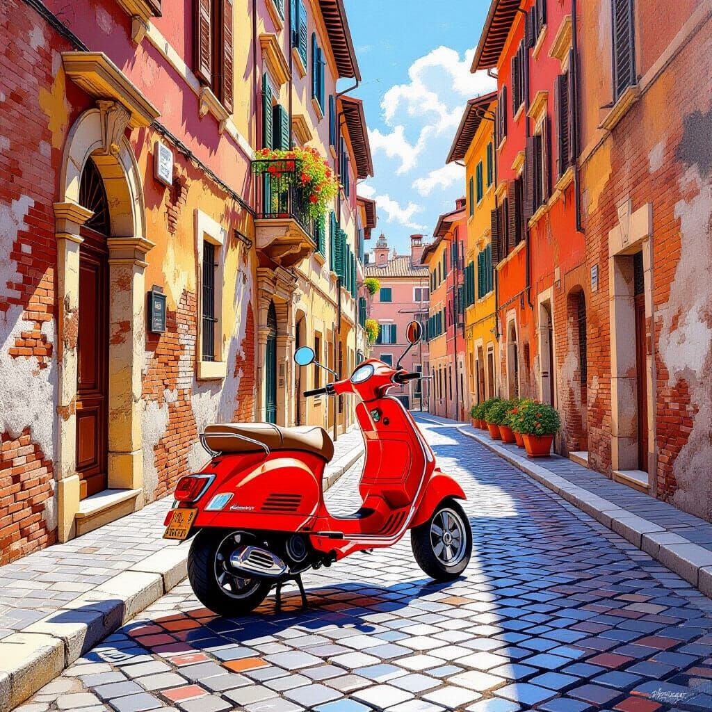 Vespa in Rome: Sunlit Cobblestone Street Scene