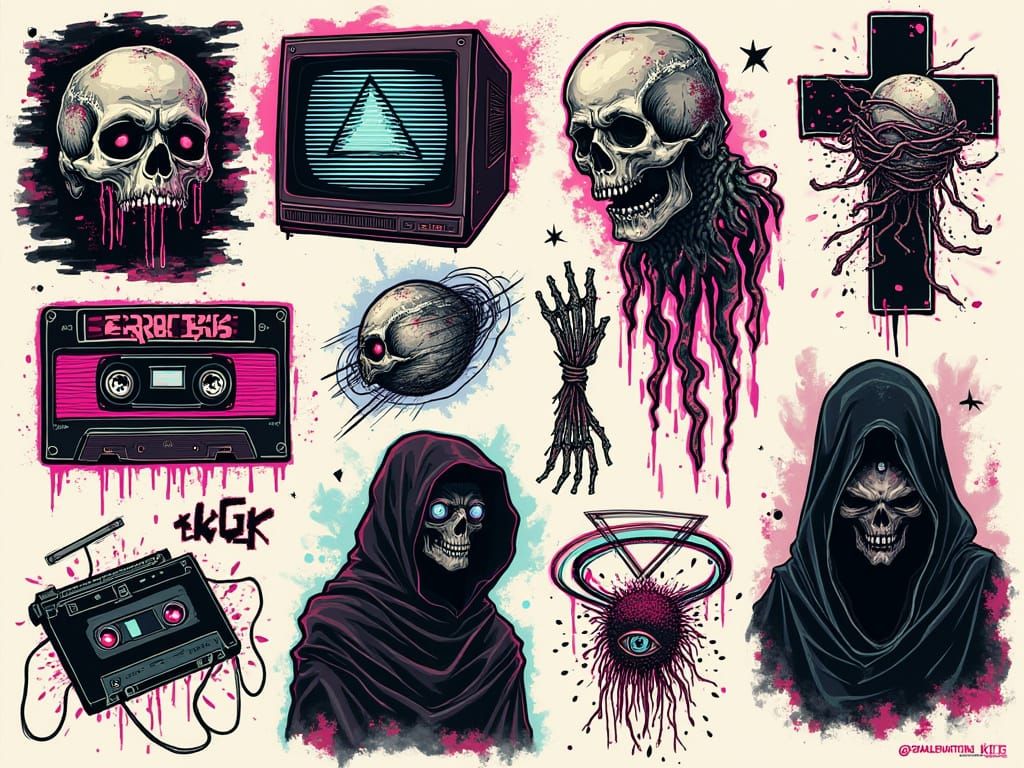 Glitchwave Horror Flash Tattoo Sheet with Corrupted Designs