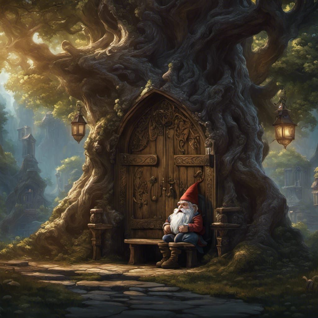 Gnome and Ornate Tree Door: Dark Fantasy Art