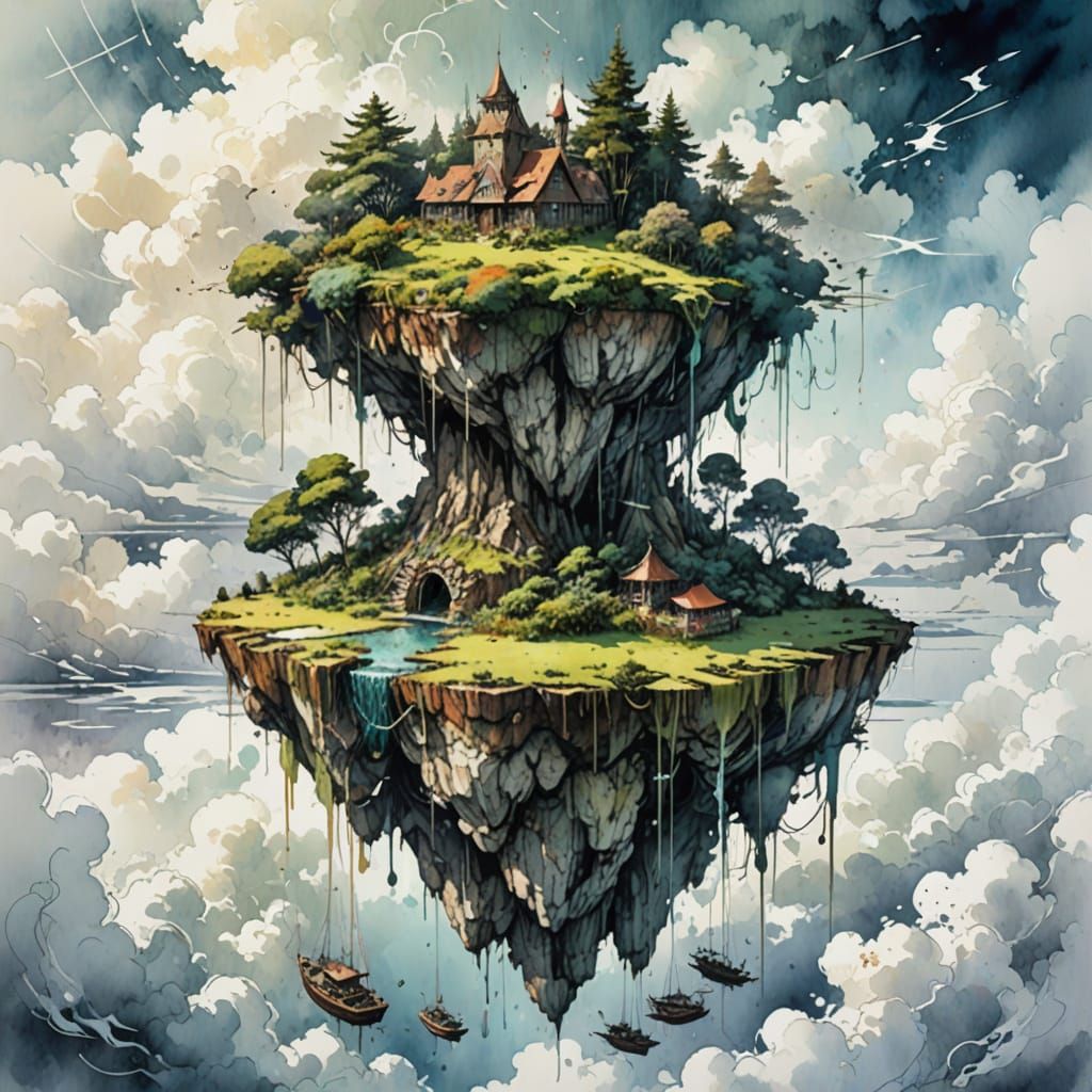 Floating Island in the Clouds: A Dreamy Watercolour Scene