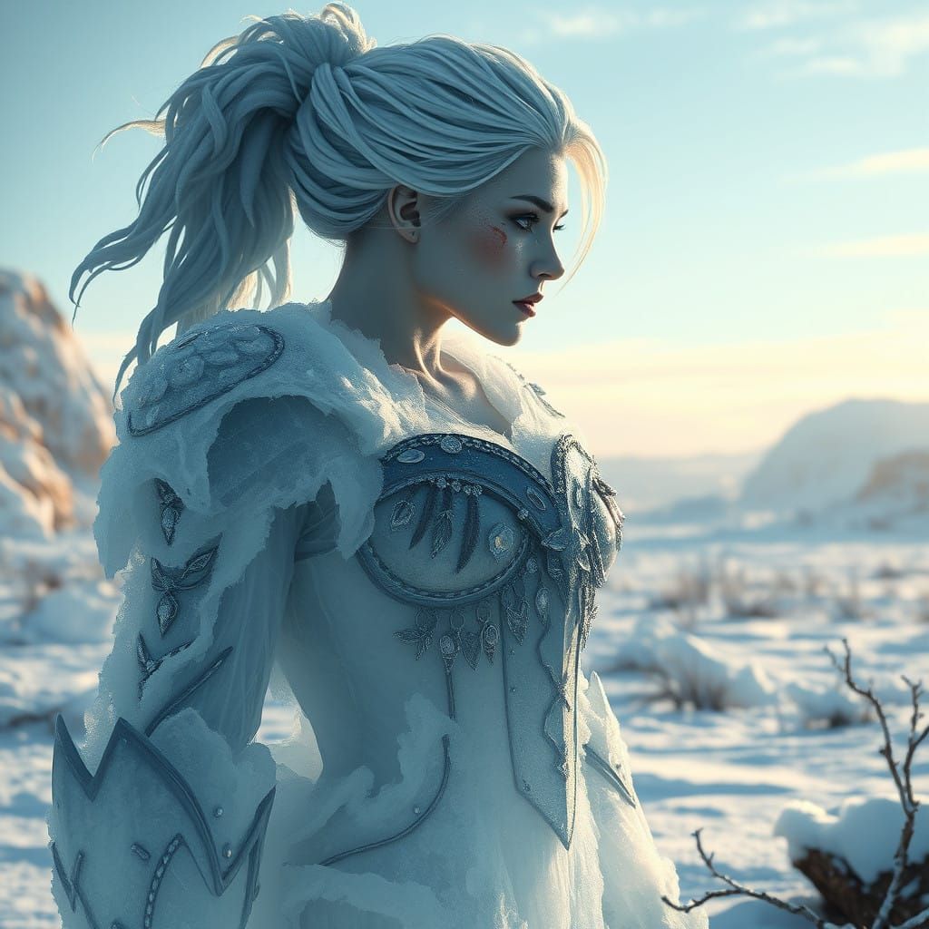 Ethereal Frost Giantess Reigns Over Dreamlike Tundra