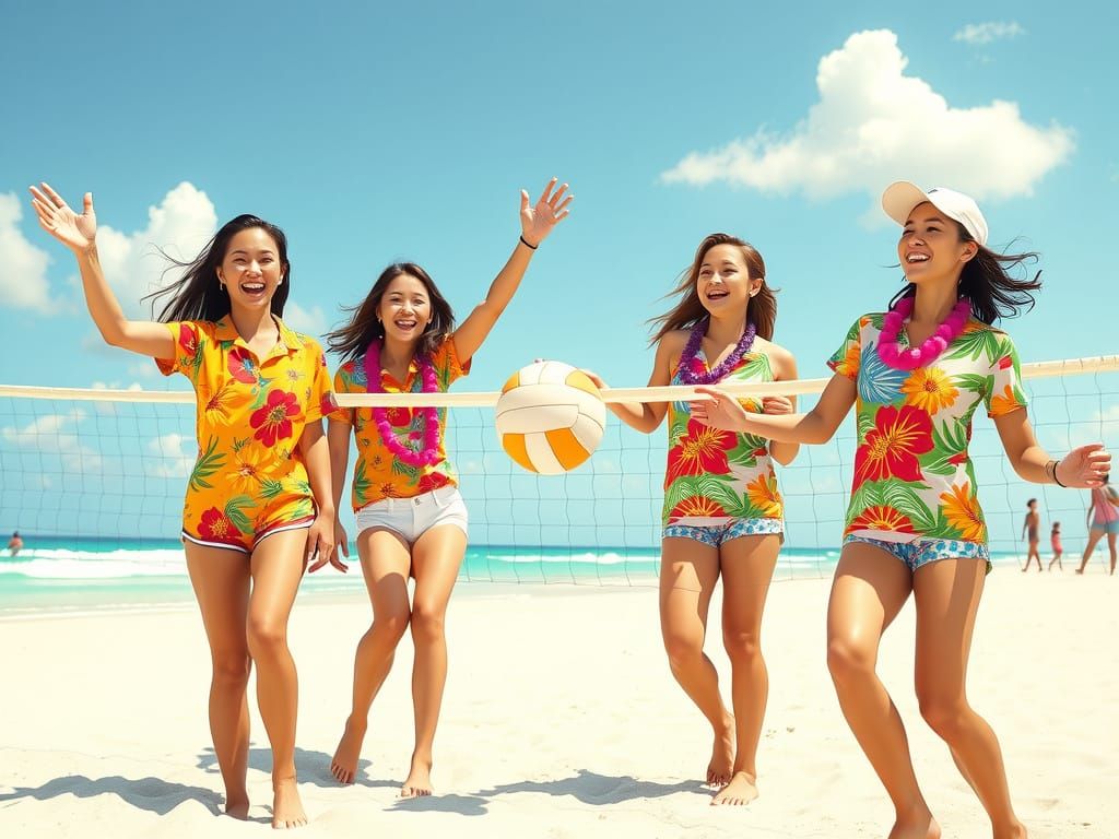 Women Play Volleyball on Beach in Anime Style