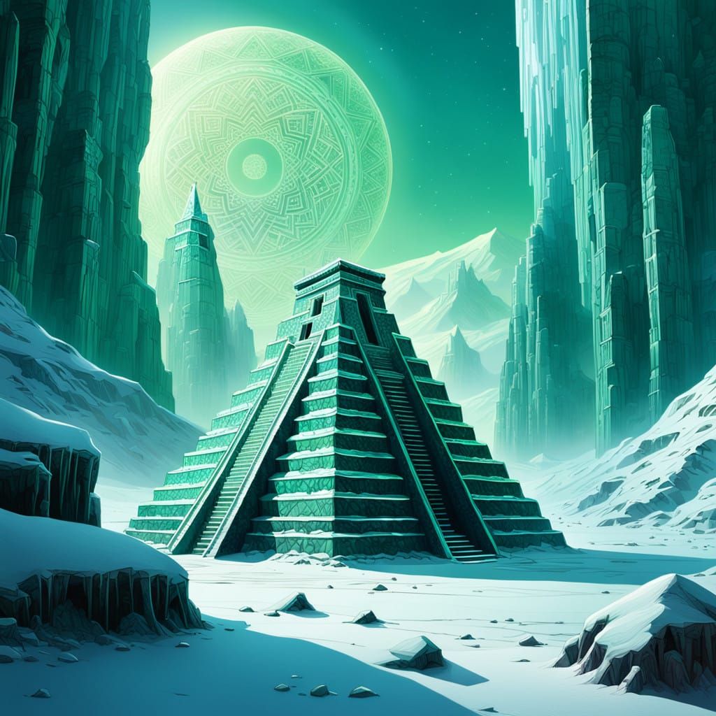 Cyberpunk Pyramid Radiates Ethereal Energy in Frozen Desert