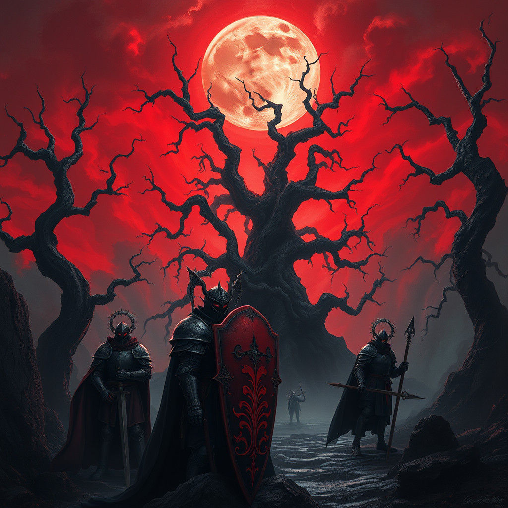 Knights in a Dark Gothic Fantasy Landscape