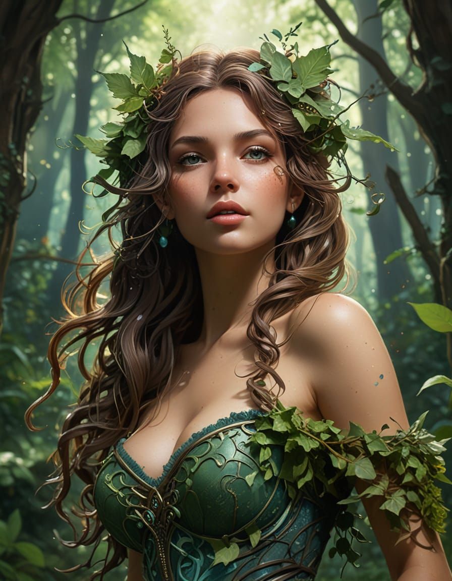 Forest Spirit Dances in Hidden Grove, Art Nouveau Style