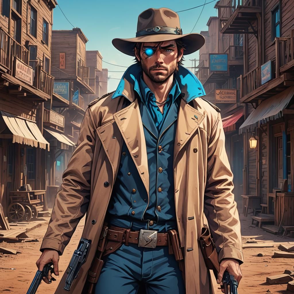 Rugged Anime Gunslinger in Synthwave Neon Wild West