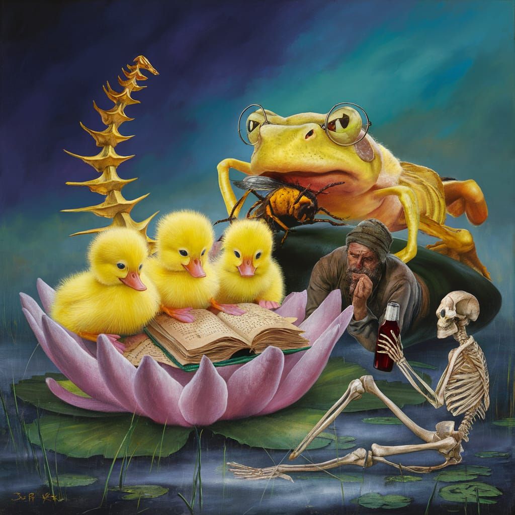 Surreal Ducklings Reading on Water Lily Pad