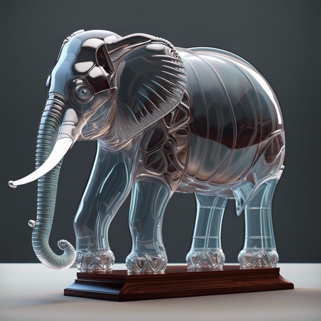 Detailed 3D Glass Elephant on Mahogany Table