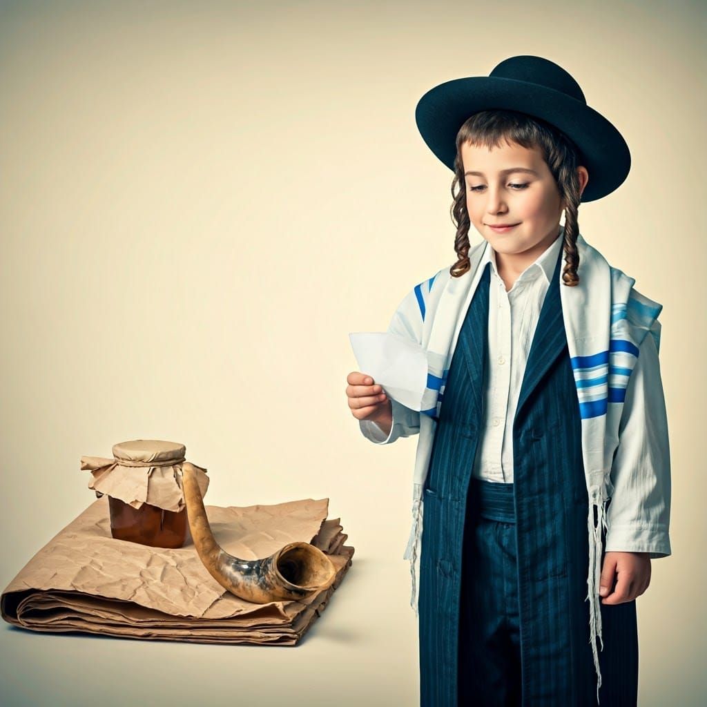 Touching Scene of Orthodox Boy with Shofar and Honey