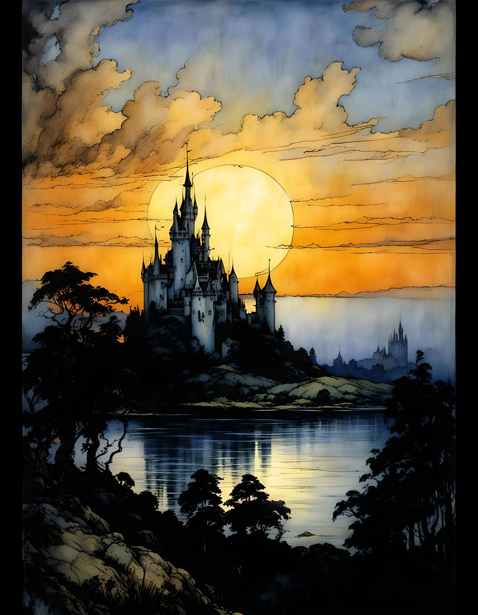 Beautiful fantasy fairy castle, art by Arthur Rackham