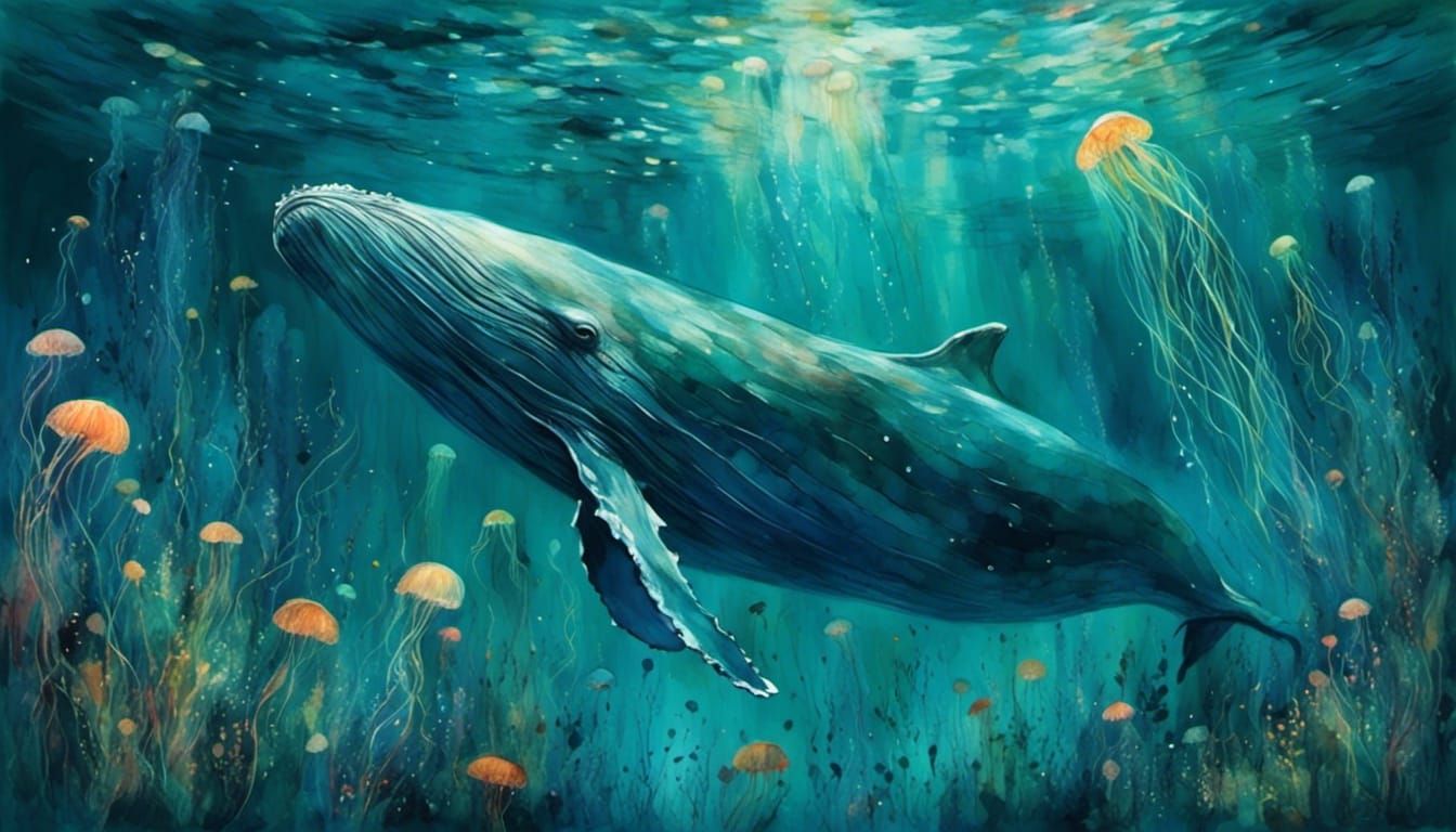 Bioluminescent Whale in Dreamy Underwater Scene