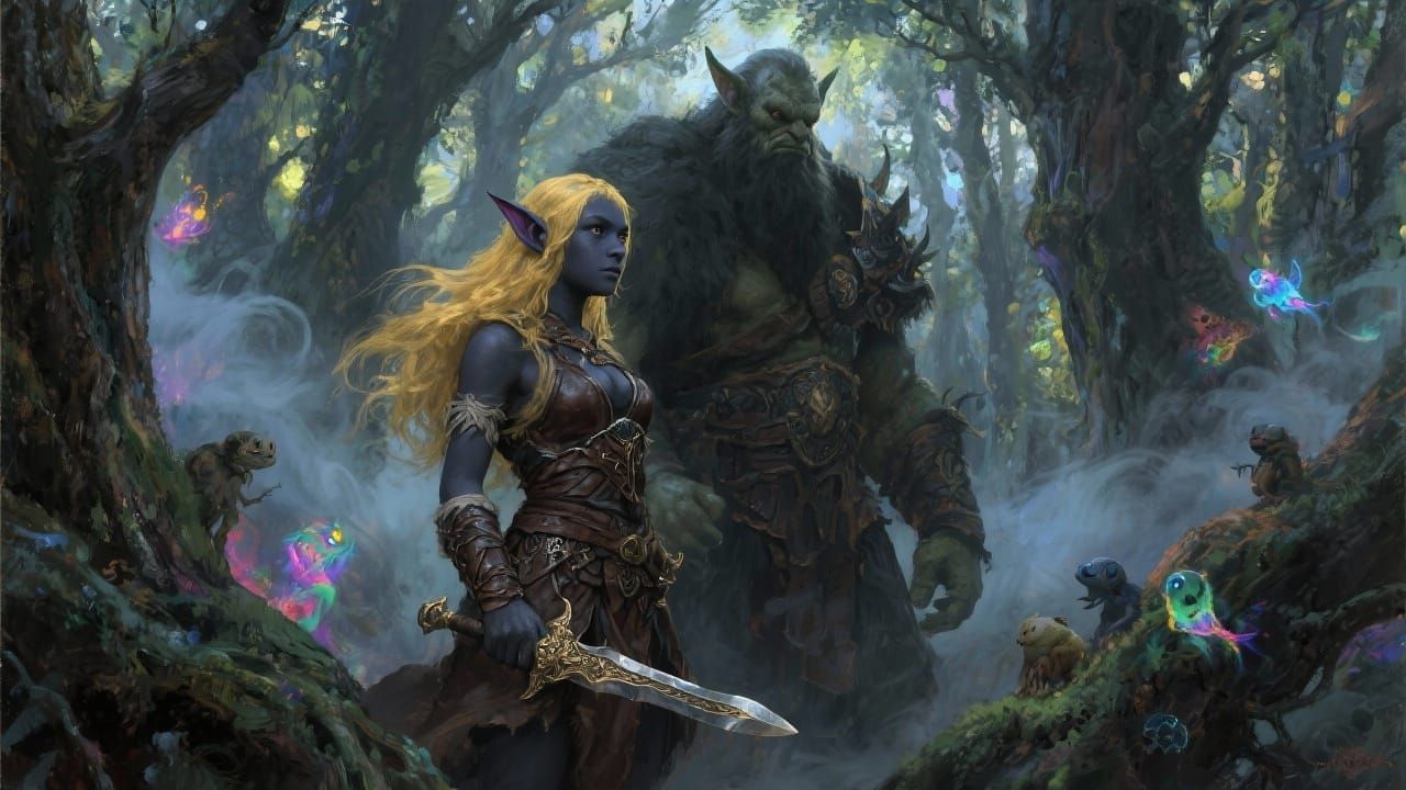 Forest Warrior Elf Girl & Protector in Misty Woods