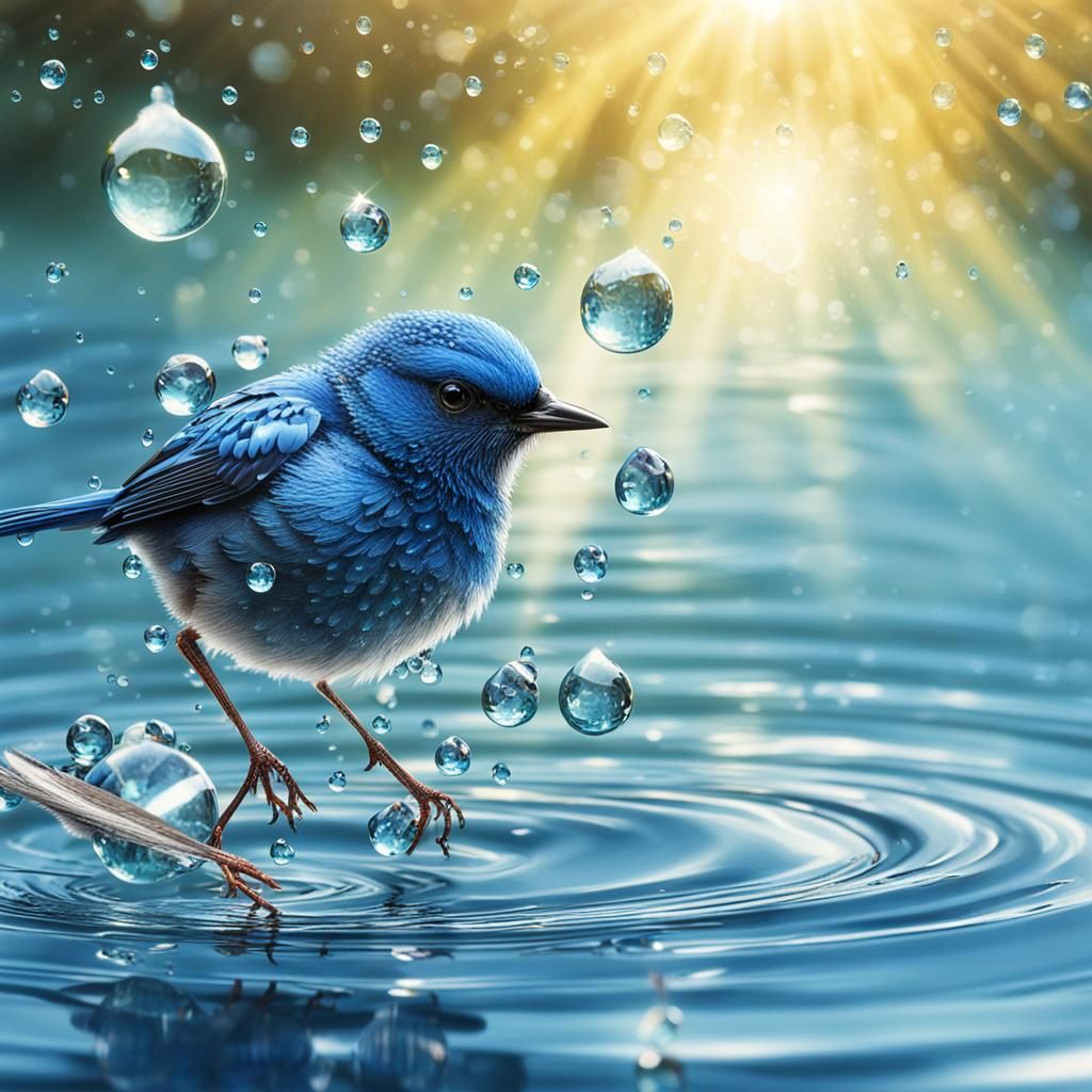 Fairy Bird Swimming in Crystal Water Droplets