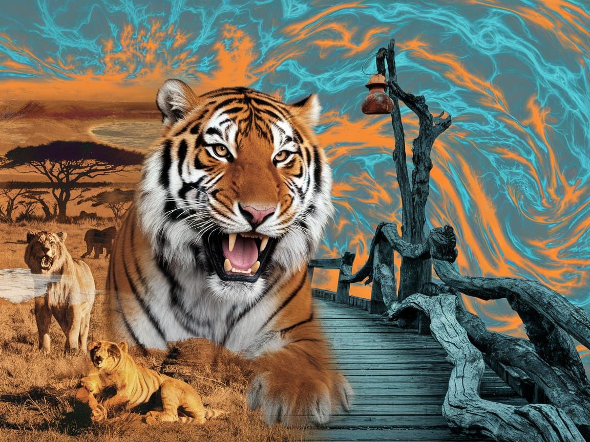 Emotive Anthropomorphic Tiger Double Exposure Artwork