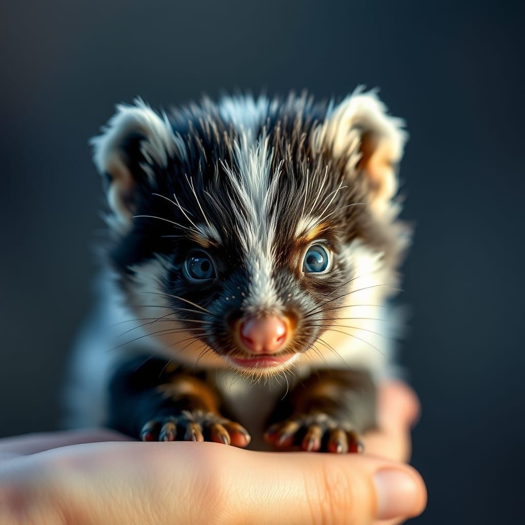 Realistic Skunk with Blue Eyes in Hand