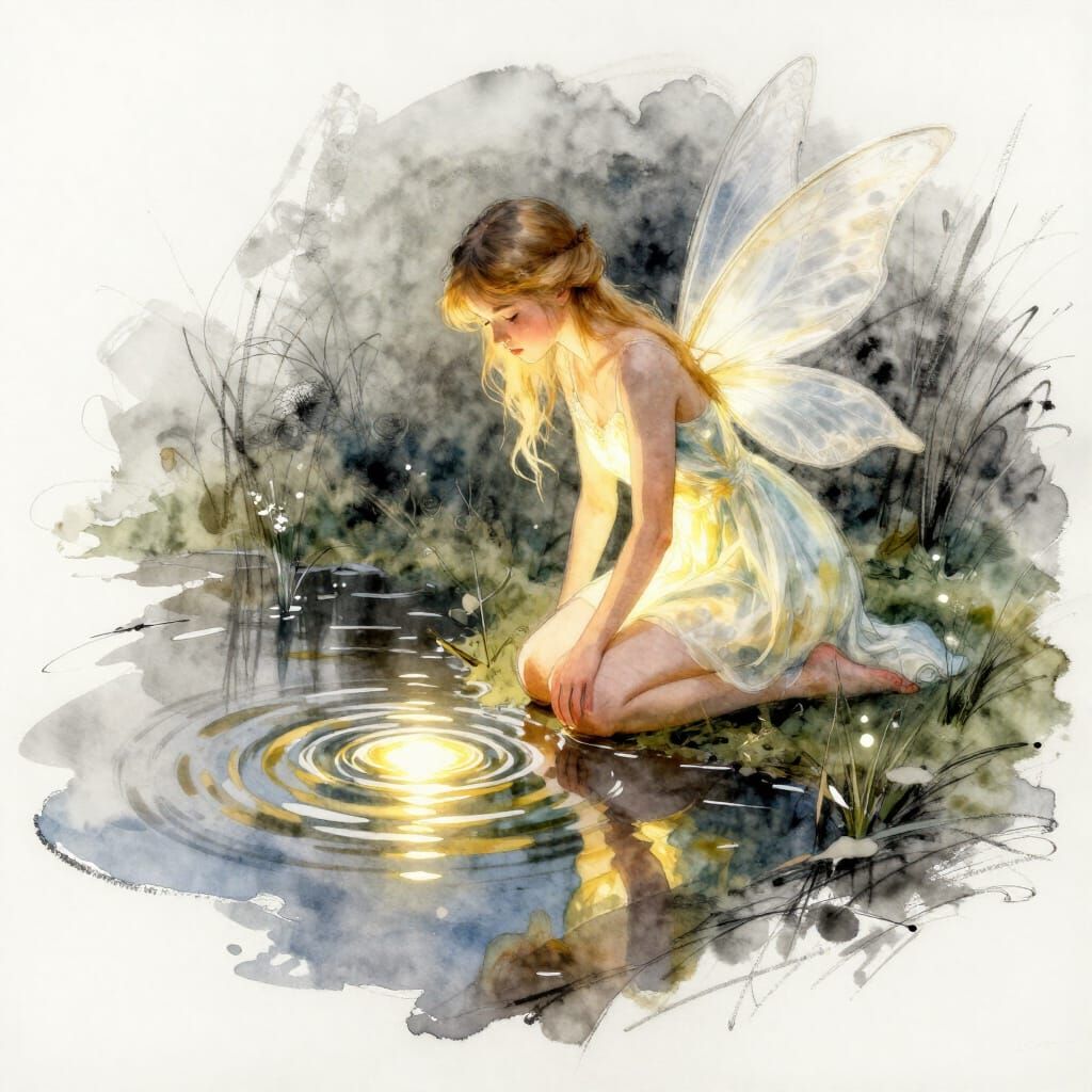 Fairy Gazing at Rippling Puddle Reflections in Watercolour S...