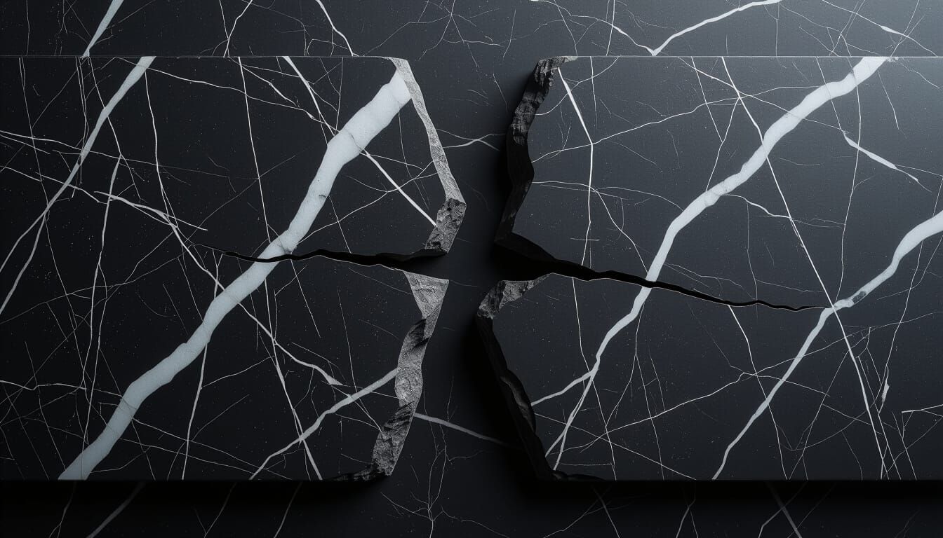 Glossy Black Stone Slab Cracked in V Shape