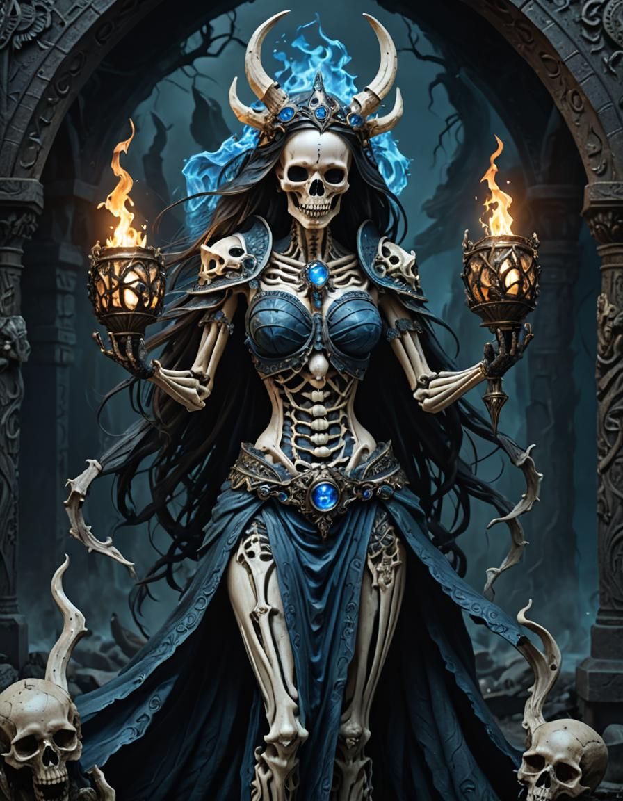 Death Goddess with Bone Lantern in Dark Fantasy Style