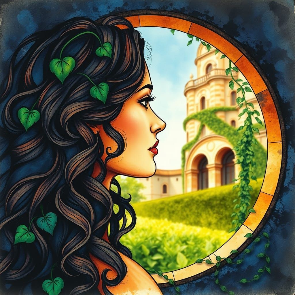 Alcohol Ink Portrait of Woman with Architectural Feature