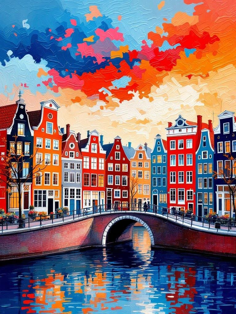 Amsterdam Canal Houses as Impasto Oil Painting