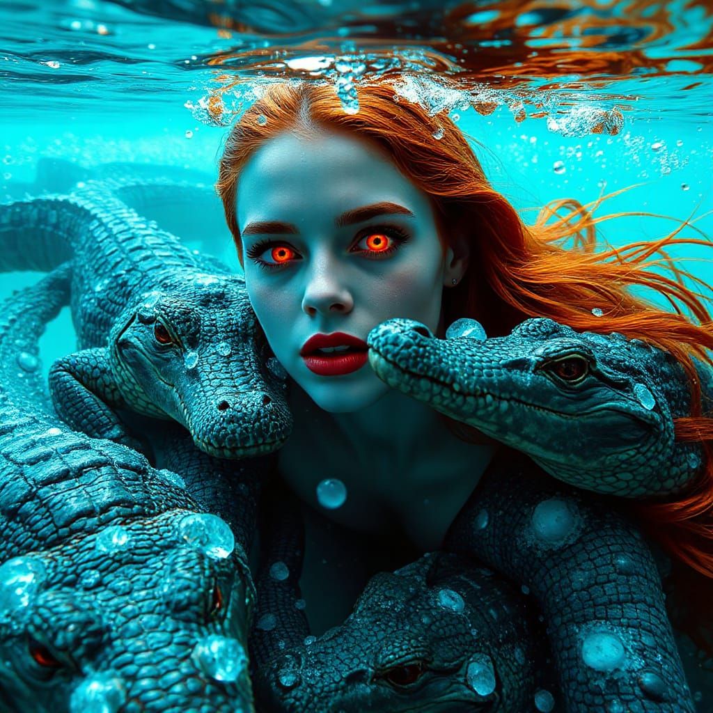 Ethereal Woman Diving with Alligators in Bioluminescent Ocea...