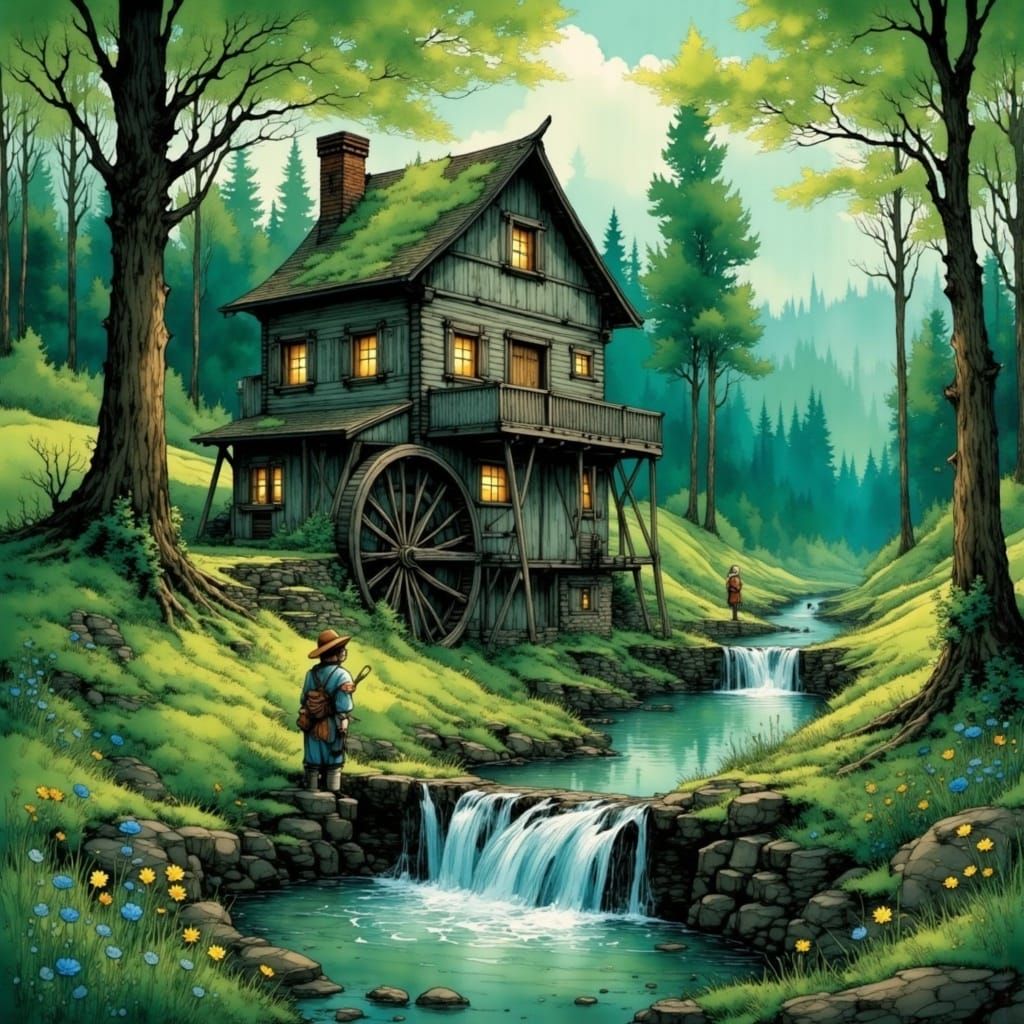 Magical Mill in Black Forest, Painterly Fairytale Style