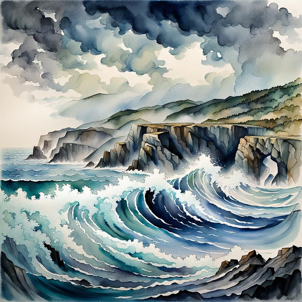 Dramatic Watercolor Cliffs and Stormy Seas