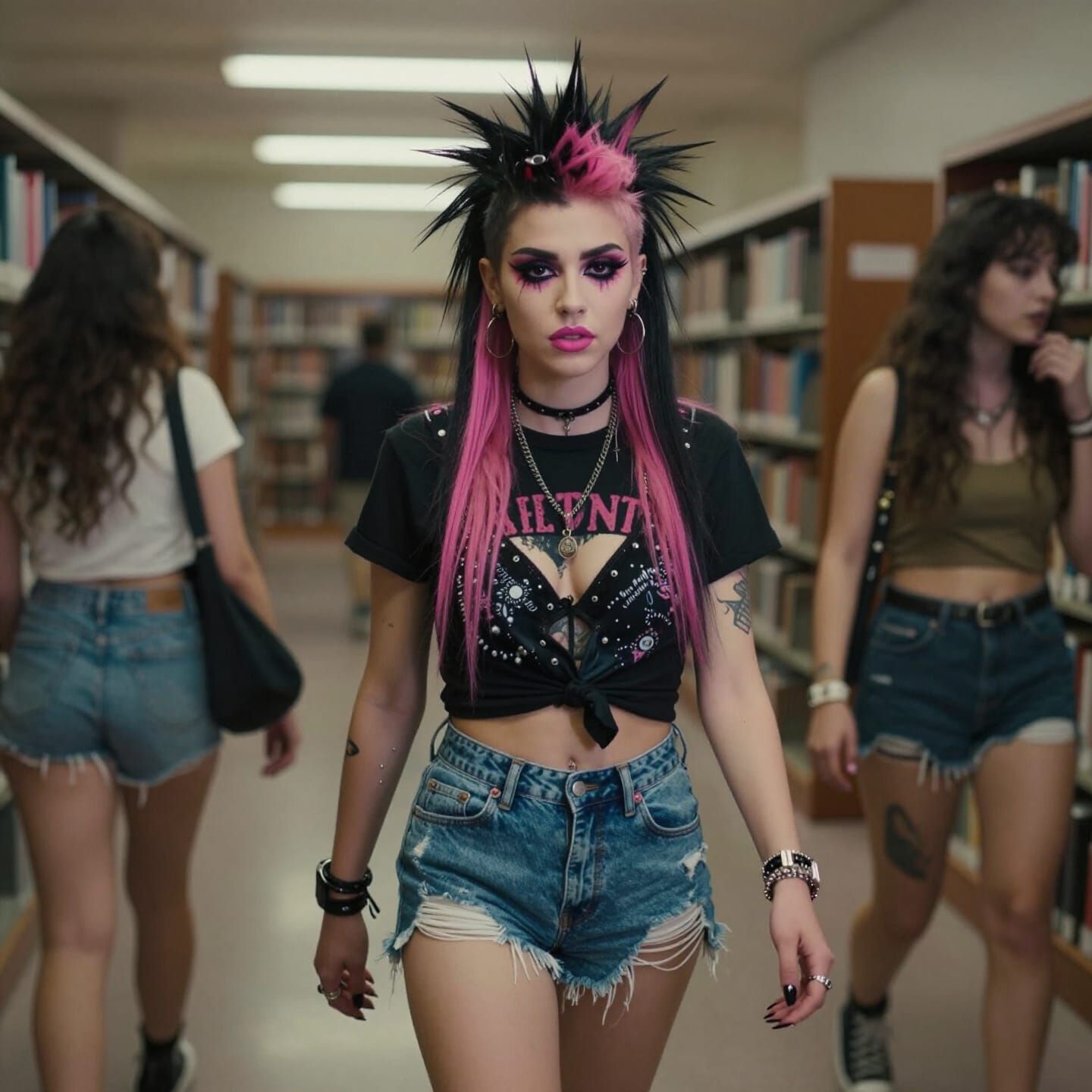 Punk Woman with Pink Hair in LA Library, Cinematic Style