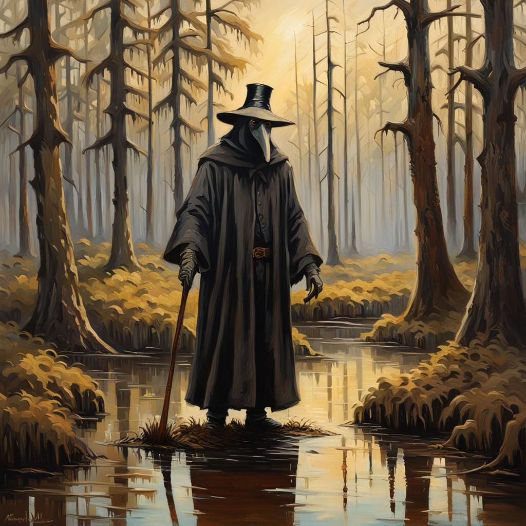 Plague Doctor in Murky Swamp: Oil Painting