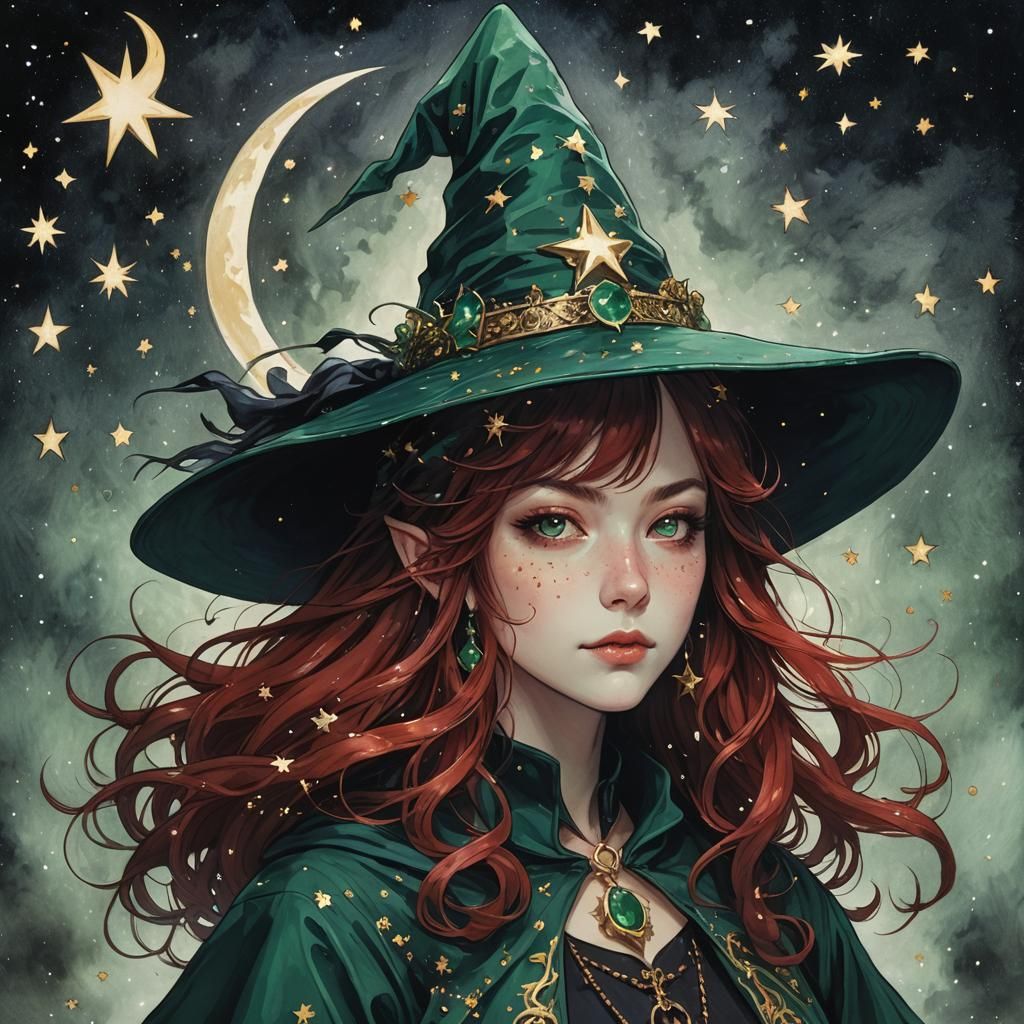 Emerald Witch Portrait with Crimson Hair
