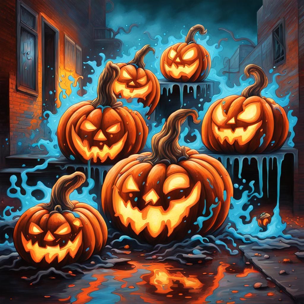 Flaming Halloween Pumpkins and Ghosts in Graffiti Art