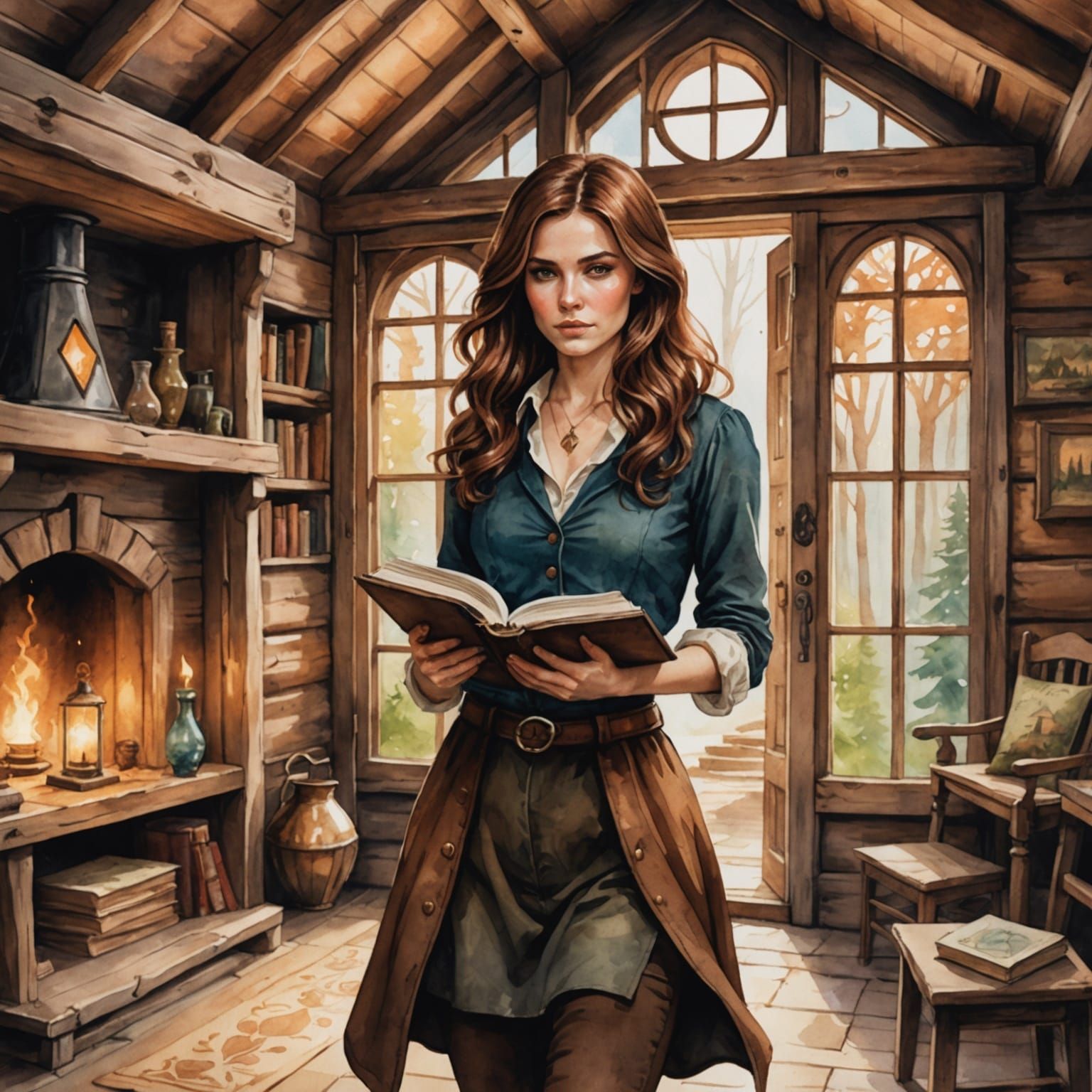 Watercolor Woman with Spell Book in Cabin