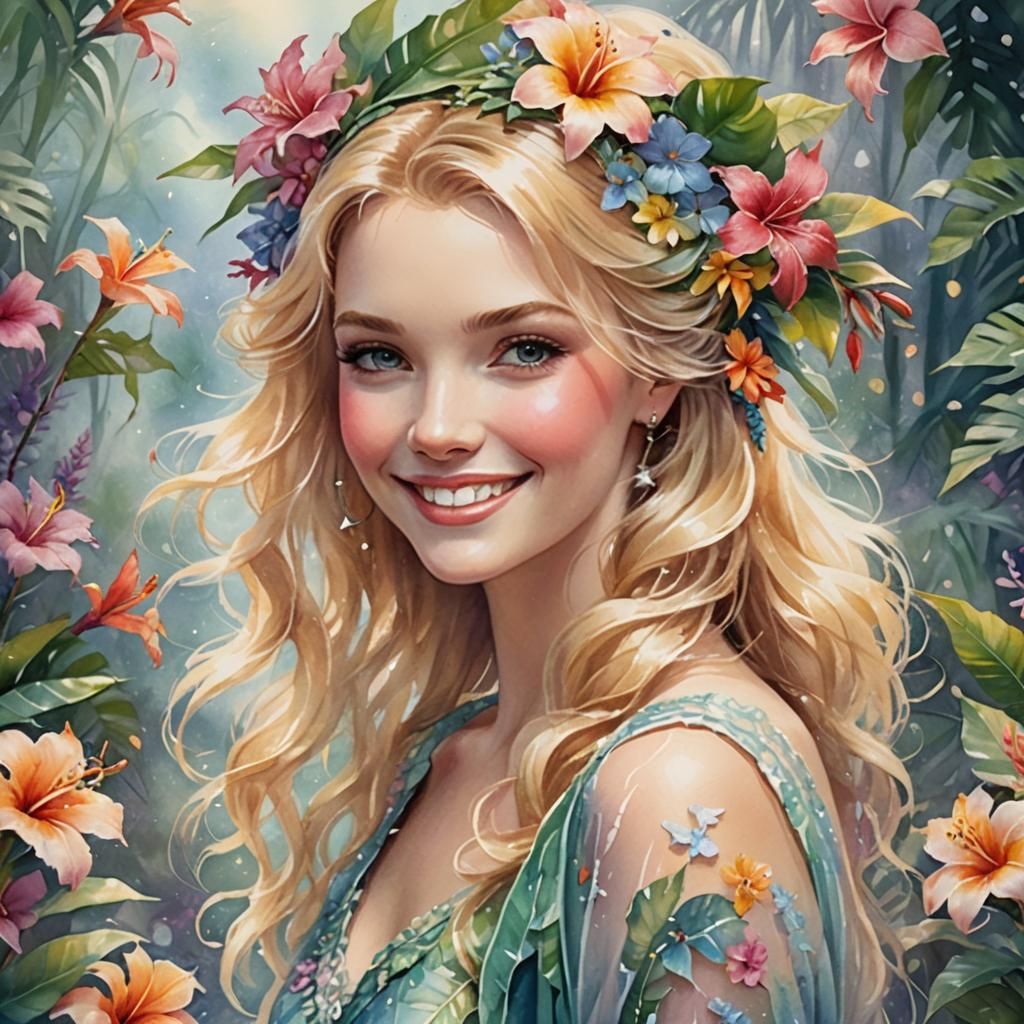 Blond Girl with Tropical Flowers: Ethereal Watercolor Fantas...
