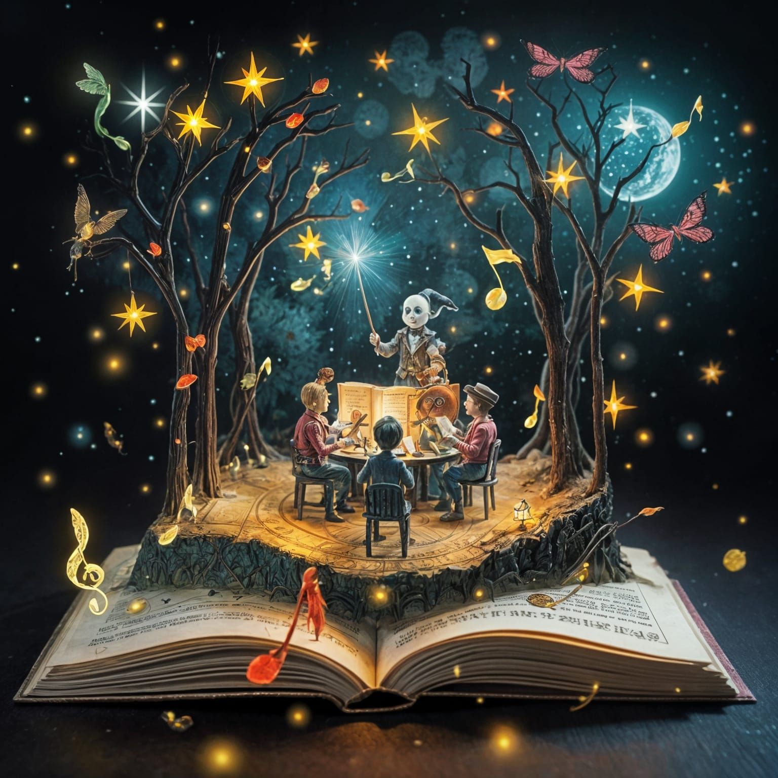 Magical Nighttime Scene with Glowing Musicians
