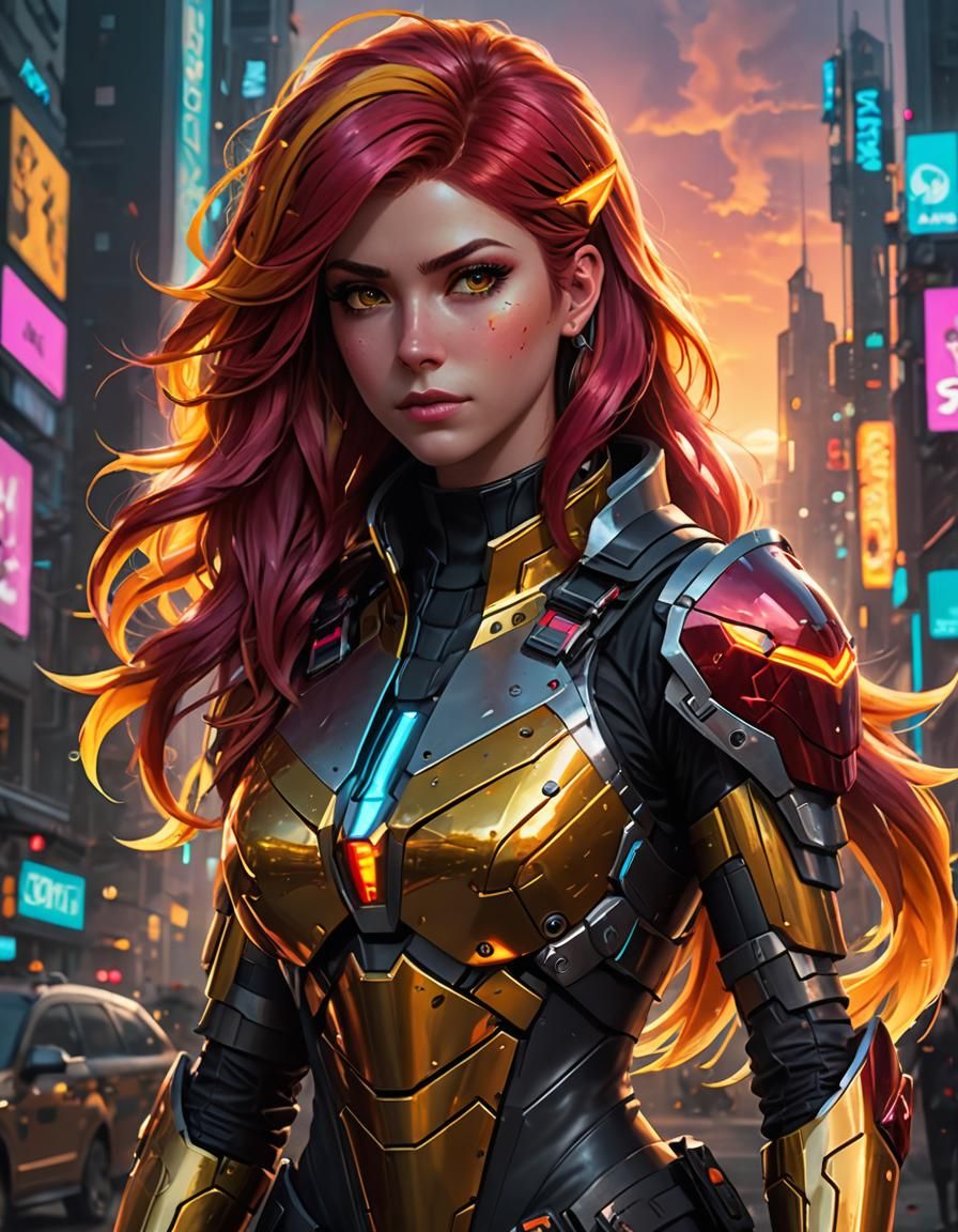 Sunset Shimmer in Cyberpunk Armor, 2D Game Art