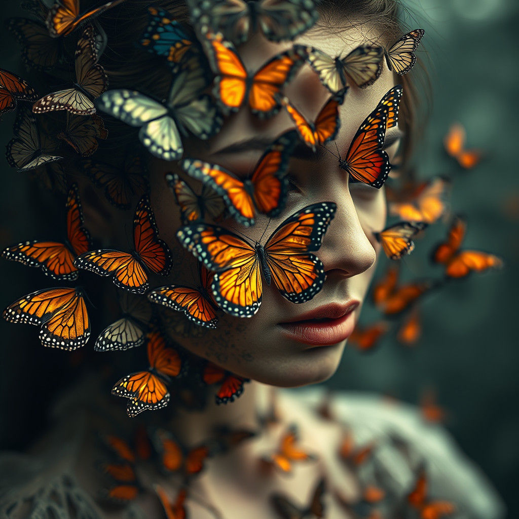 Intricate Butterfly Goddess in Moody Hyperrealistic Portrait
