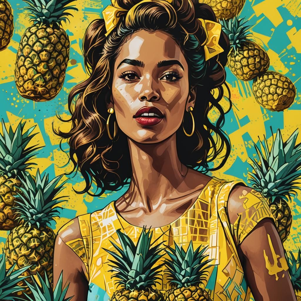 Pop Art Girl Eating Pineapple in Market