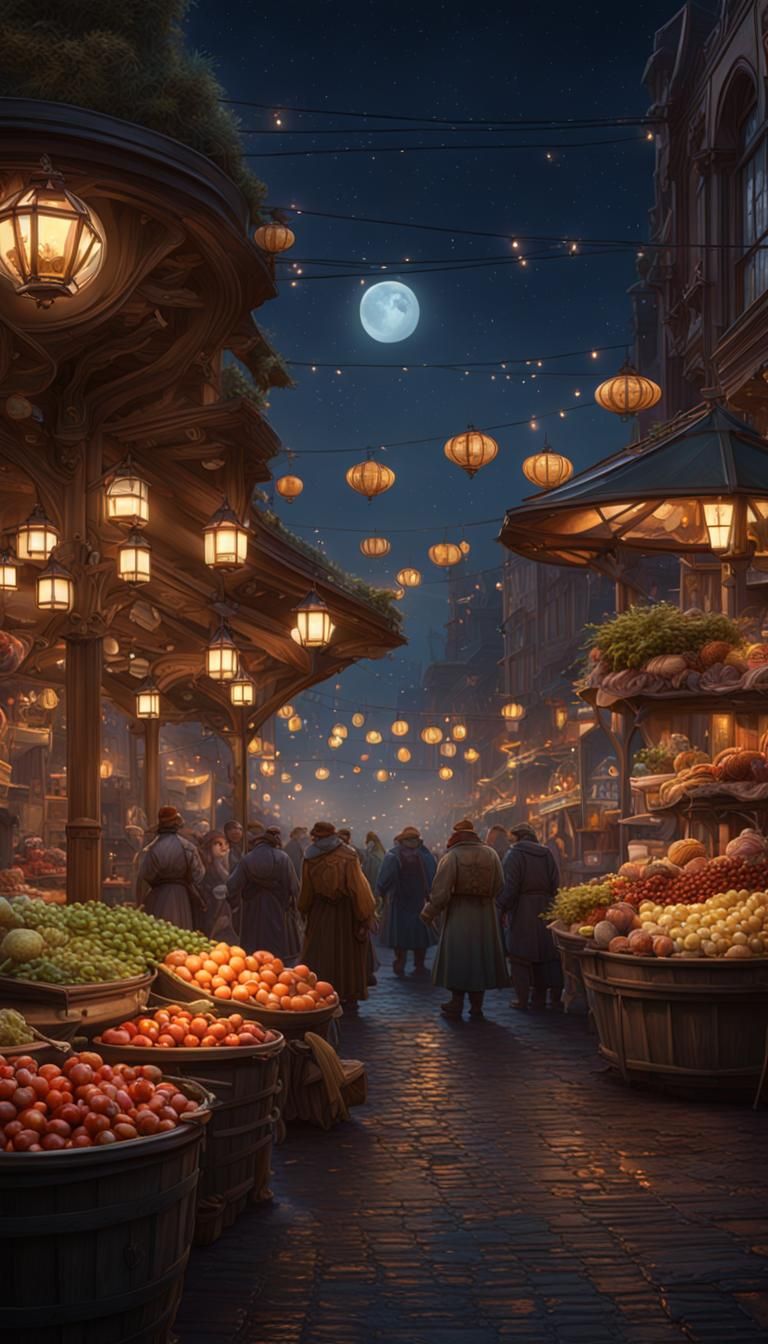 Pacific Northwest Night Market in Art Nouveau Style